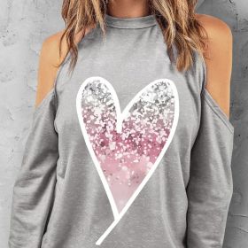 Ladies' Fashionable Casual Solid Color Printed Valentine's Day Love Long Sleeved Autumn And Winter Round Neck Hoodie Top (Option: Grey-S)