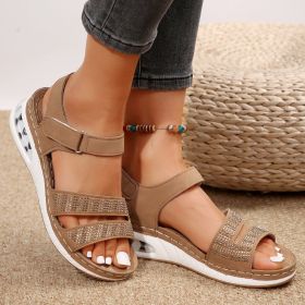 Summer Rhinestone Wedges Sandals Casual Sports Air Cushion Bottom Beach Shoes For Women Roman Sandals (Option: Light Brown-Size36)