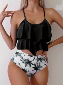Palm Tree Print Bikini Sets, Ruffle Round Neck High Waist High Cut Two Pieces Swimsuit, Women's Swimwear & Clothing For Palm Sunday (Option: Black-L)