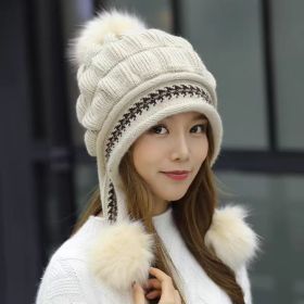 Cozy Knit Fleece-Feel Beanie With Ear Flaps & Pompom Warm Winter Hat For Women Perfect For Skiing & Outdoor Activities (Option: Beige-Hat)