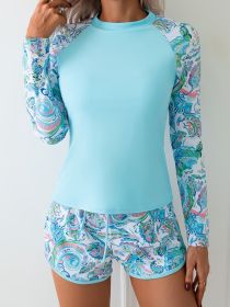 Women's Tankini Suit Long-sleeved Sports Style Square Pants Two-piece Set (Option: Sky Blue-S)