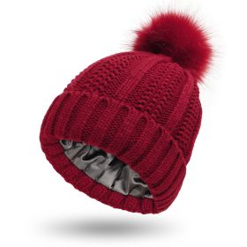 Fashion Stretchy Satin Lined Skull Knit Hats Beanie Hat For Women Faux Fur Pom Pom Hat Winter Keep Warming Beanie Hat (Option: Wine Red-One size)