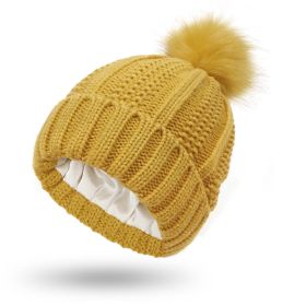Fashion Stretchy Satin Lined Skull Knit Hats Beanie Hat For Women Faux Fur Pom Pom Hat Winter Keep Warming Beanie Hat (Option: Yellow-One size)