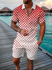 Polo Shirt Sports Short Sleeve Shorts Suit For Men (Option: Red and white check-2XL)