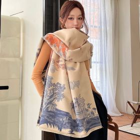 Vintage Plum Scarf Women's Artificial Cashmere Thickened Double-sided Student Shawl (Option: Beige Blue-65x190cm)