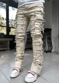 Men Trousers Individual Patched Pants Long Tight Fit Stacked Jeans For Mens Clothing (Option: Apricot-S)