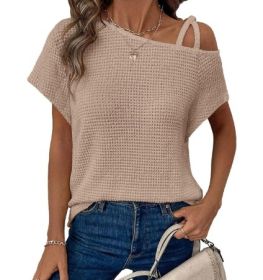 Women's Short-sleeved Solid Color Top Fashionable All-match Off-shoulder Knitted T-shirt (Option: Apricot-L)