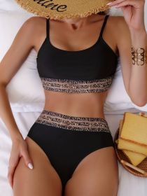 Eopard Print Mesh Contrast Band 2 Piece Set Bikini, Black Scoop Neck High Strech Swimsuit, Women's Swimwear & Clothing (Option: Black-XL)