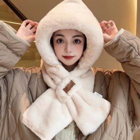 Cycling Cold Protection Ear Protection Fleece-lined Warm Hat All-match Scarf (Option: Leather Tag Plush Bonnet Beige-Free Size)