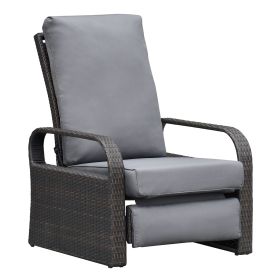 Outdoor Recliner Chair;  Automatic Adjustable Wicker Lounge Recliner Chair with 5.12'' Thicken Cushion (Color: Gray, material: Brown Wicker)