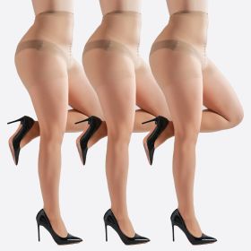 3 Pairs Plus Size Womens Sheer Tights 20D High Waist Control Top Pantyhose With Reinforced Toes (Option: NUDE-S)