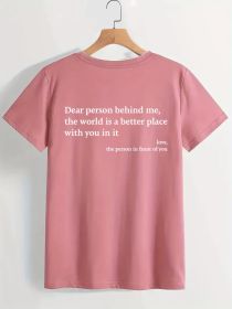 New Fashion Womens Letter T-Shirt Round Neck Short Sleeve Slogan Tee Top (Option: Rose Gold-S)