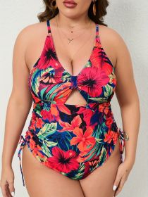 Women's Large-size One-piece Swimming Suit With Floral Print, One-piece Backless Sexy Drawstring Cross Swimwear (Option: 2XL-Colour)