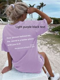 New Fashion Womens Letter T-Shirt Round Neck Short Sleeve Slogan Tee Top (Option: Light purple black text-3XL)
