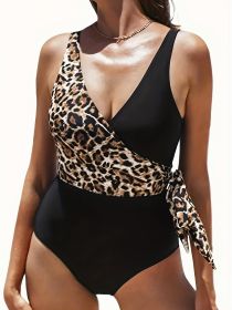 Women's Fashionable One-piece Swimming Suit With Random Prints, Patchwork Straps, One-piece Design, Beach Style. (Option: Black-S)