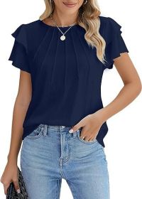 Summer Pleated Short Sleeve Round Neck Top Business Work Shirt (Option: Dark Blue-S)