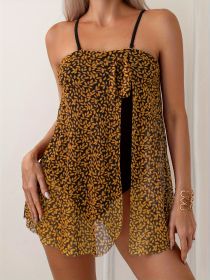 European And American Sexy Chest Mesh Skirt Leaf Print One-piece Swimsuit (Option: Orange-M)