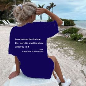 New Fashion Womens Letter T-Shirt Round Neck Short Sleeve Slogan Tee Top (Option: Navy Blue-XL)