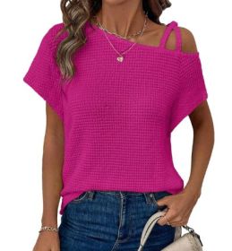 Women's Short-sleeved Solid Color Top Fashionable All-match Off-shoulder Knitted T-shirt (Option: Deep pink-XXL)