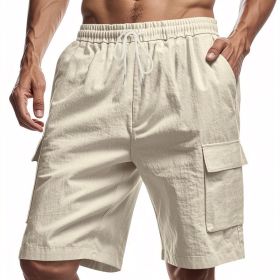 Loose Sports And Leisure Solid Color Linen Drawstring Shorts (Option: L-Khaki)