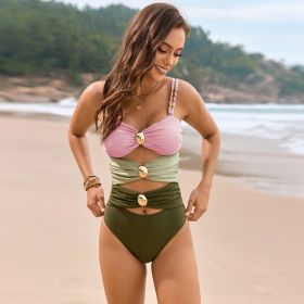 Solid Color Stitching Metal Buckle Swimsuit (Option: 3 Colors-XXL)