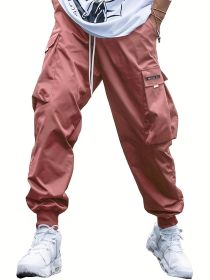 Multi-pocket Cargo Pants Men's Casual Hip-Hop Drawstring Trousers Outdoor Streetwear Sports Pant (Option: Coral-XL)