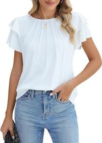 Summer Pleated Short Sleeve Round Neck Top Business Work Shirt (Option: White-L)