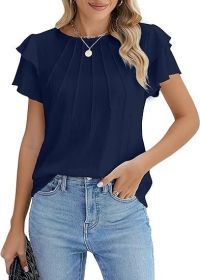 Summer Pleated Short Sleeve Round Neck Top Business Work Shirt (Option: Dark Blue-L)